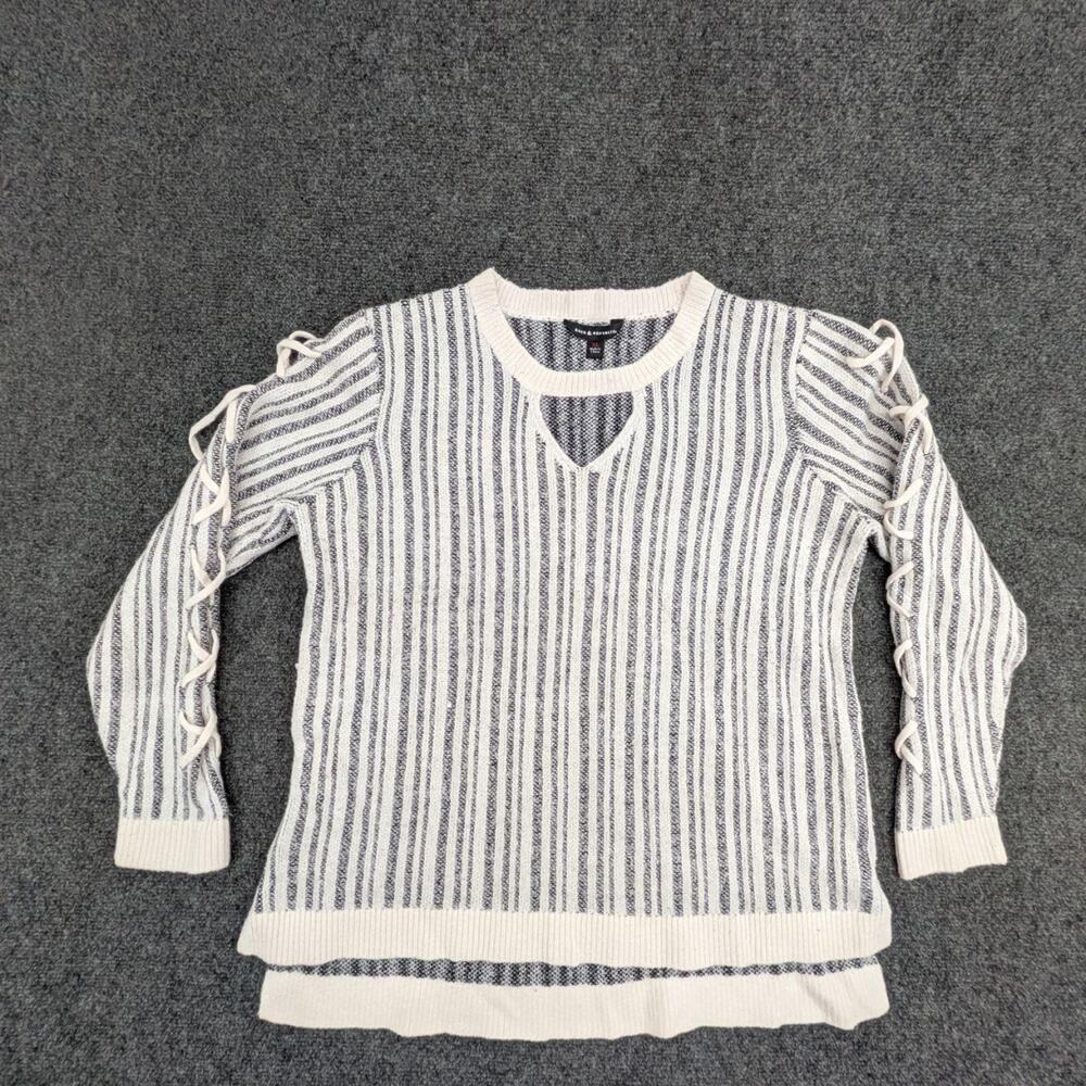 Rock & Republic Sweater Womens XL Black White Striped Lace Up Sleeve Top